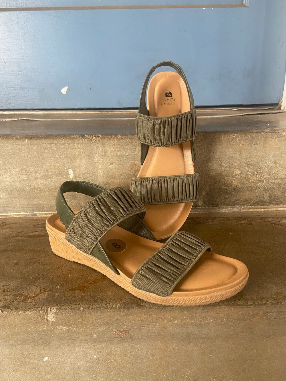 White Mountain olive green ruched fabric strappy sandals with low wedge heel